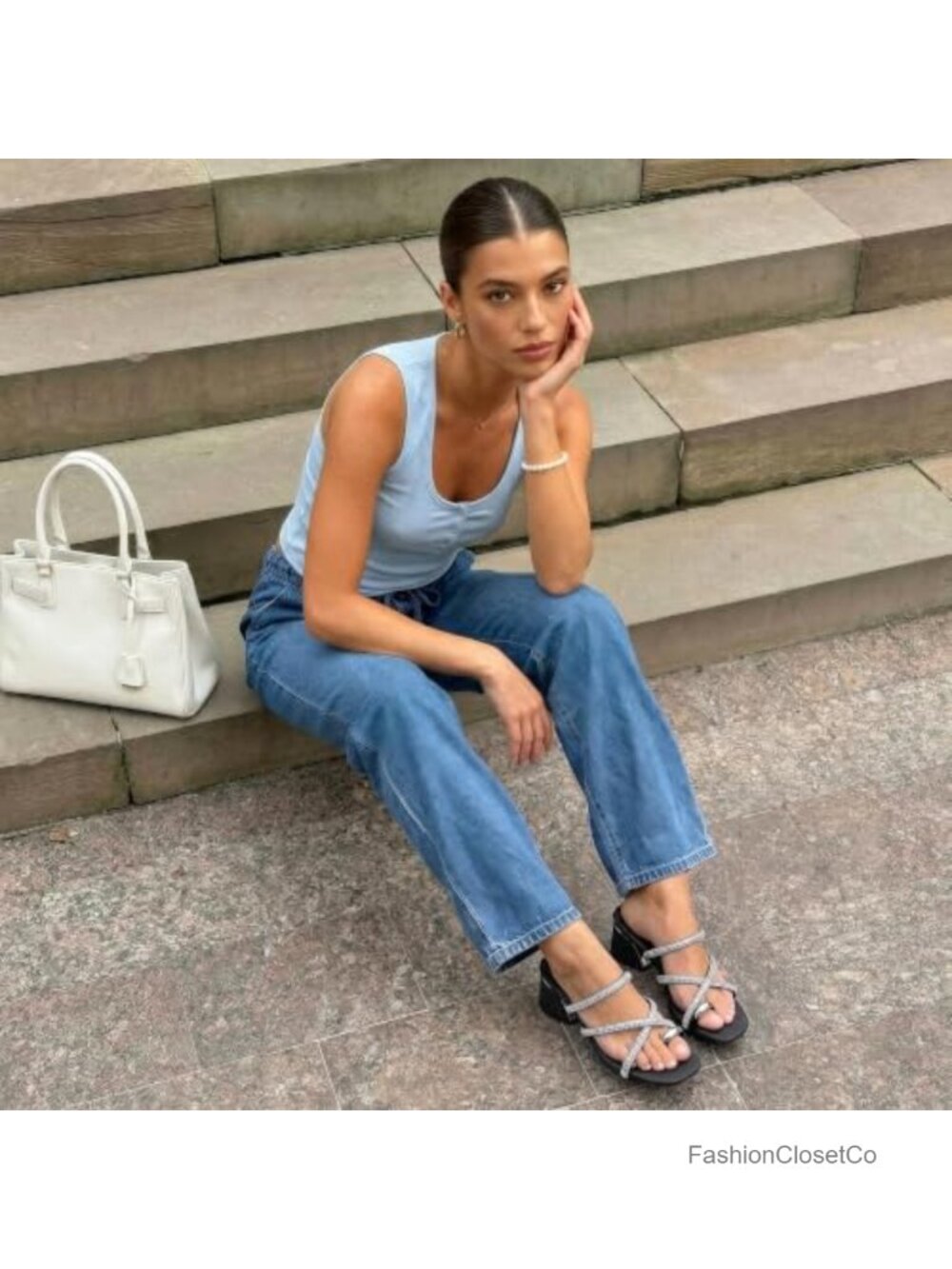 Sparkly Rhinestone Strappy Block Heel Sandals Square Toe Slip On Comfortable 3 - Picture 2 of 6